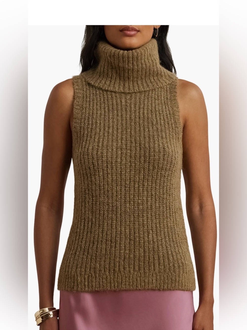 Ralph Lauren LRL Metallic Gold Ribbed Sleeveless Turtleneck Sweater Top- size XL